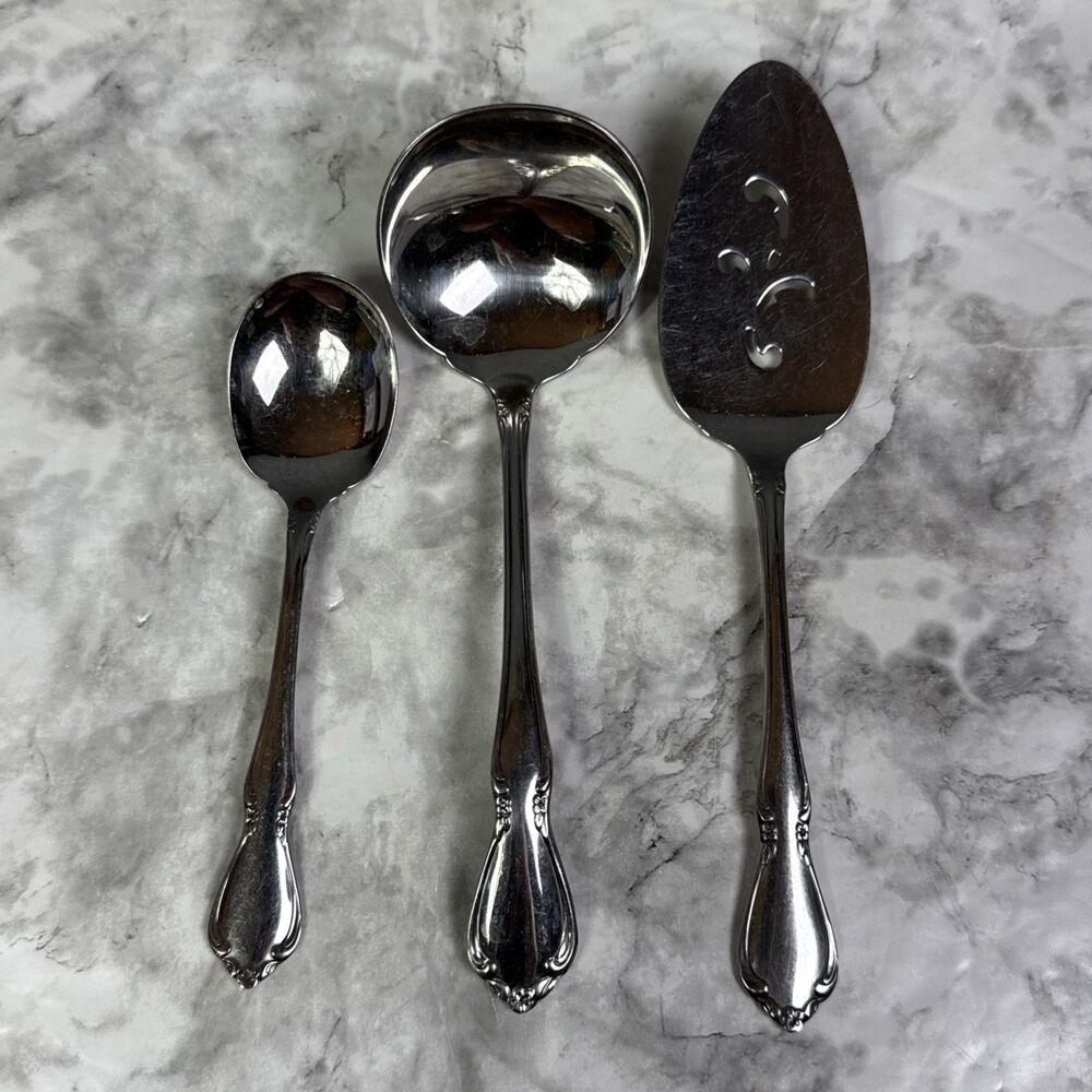 VTG ONEIDACRAFT CHATEAU Stainless Flatware Lot Of 3 Serving Cake/Ladle/Sugar